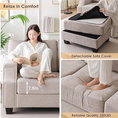 85'' L Shaped Couch with Armrest Organizer,3 Seats Sofas with Storage Ottoman,Comfy Sectional Sofa with Thick Cushion,Chenille Sectional Couches for Living Room,Bedroom,Apartment,Khaki