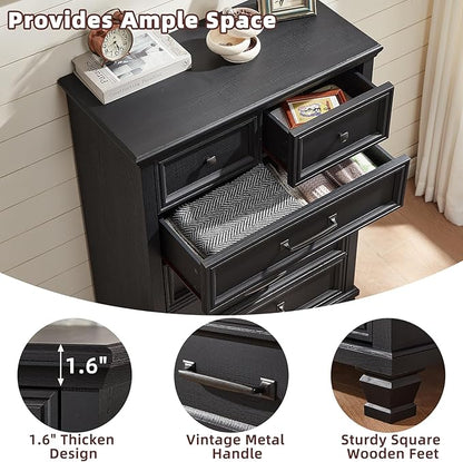 Farmhouse Bedroom Dresser and Nightstand Set of 4, 6 Drawer Tall & Low Dresser & 3 Drawer Nightstand Set with Wooden Legs, Rustic Wood Bedroom Furniture Sets for Livingroom, Hallway, Black