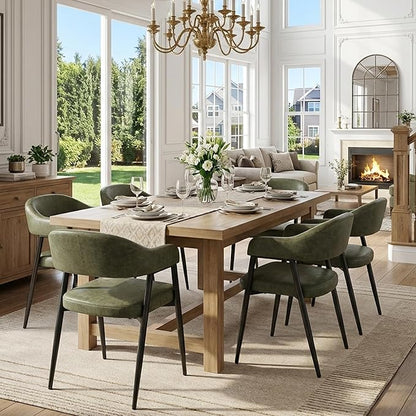 HNY Modern Dining Room Arm Chairs Set of 6, Green Retro Faux Leather Upholstered Barrel Dining Chairs with Arms Mid-Century Accent Chair with Metal Legs, Open-Back Kitchen Side Chairs for Living Room