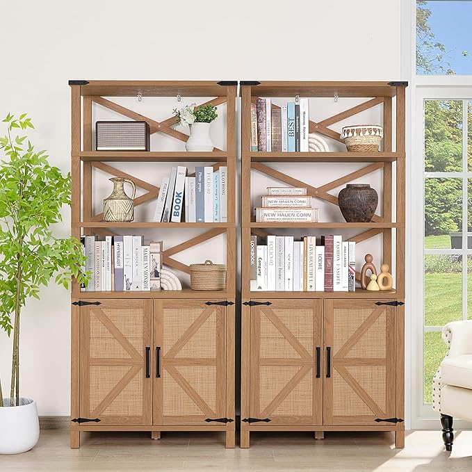 5 Tier Bookshelf 70" Rattan Boho Tall Bookcase with Barn Doors,Farmhouse Display Book Shelf with Adjustable Shelves and Storage Cabinet,Wood Bookshelves for Living Room,Kitchen,Natural (3PCS)