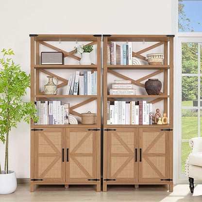 5 Tier Bookshelf 70" Rattan Boho Tall Bookcase with Barn Doors,Large Farmhouse Display Book Shelf with Adjustable Shelves and Storage Cabinet，Wood Bookshelves for Living Room,Kitchen,Natural