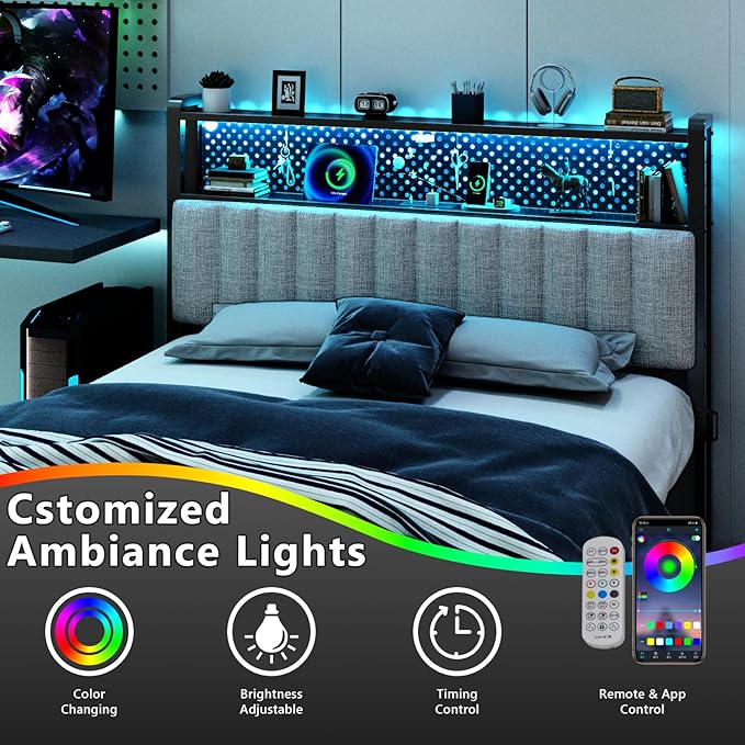 VINGLI King Size Headboard Only, Adjustable Upholstered Headboard with 2 Tier Shelves and Pegboard with Charging Stations and LED Lights, Modern Bed Headboard with Storage for Bedroom Decor