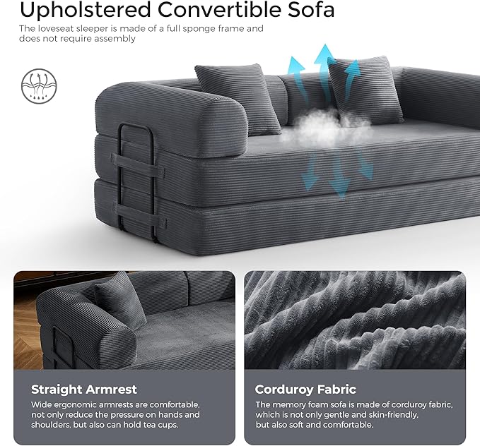 79" Convertible Sofa Bed with Fixed-Shape Frame & Removable Armrests, Modular Corduroy Sleeper Sofa, Folding Mattress Couch for Small Spaces - No Assembly Needed in Dark Gray (Includes 2 Pillows)