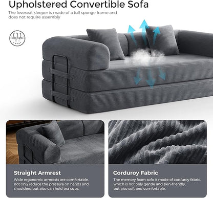 79" Convertible Sofa Bed with Fixed-Shape Frame & Removable Armrests, Modular Corduroy Sleeper Sofa, Folding Mattress Couch for Small Spaces - No Assembly Needed in Dark Gray (Includes 2 Pillows)