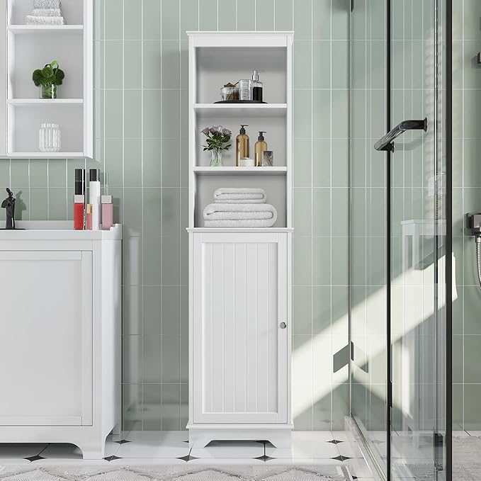 Yaheetech Tall Slim Storage Cabinet with 3 Shelves & Door, Freestanding Linen Cabinet for Bathroom, Living Room, Entryway, 16 x 12 x 60.5 Inches, White