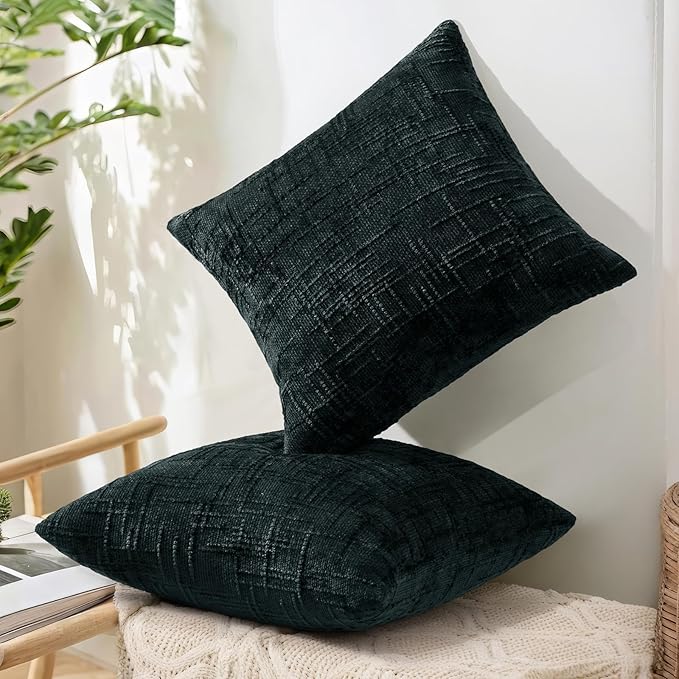 decorUhome Black Chenille Throw Pillow Covers 26x26 Set of 2 Thick Textured Slubby Couch Pillow Covers Farmhouse Accent Modern Neutral Decorative Pillow Cases for Bed Sofa Living Room