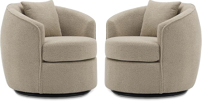 Swivel Accent Chair Set, Modern Upholstered Boucle Barrel Arm Chairs with Pillow for Living Room, 360 Degree Round Swivel Sherpa Armchair with Round Base for Bedroom Club (2, Light Brown)