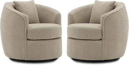 Swivel Accent Chair Set, Modern Upholstered Boucle Barrel Arm Chairs with Pillow for Living Room, 360 Degree Round Swivel Sherpa Armchair with Round Base for Bedroom Club (2, Light Brown)