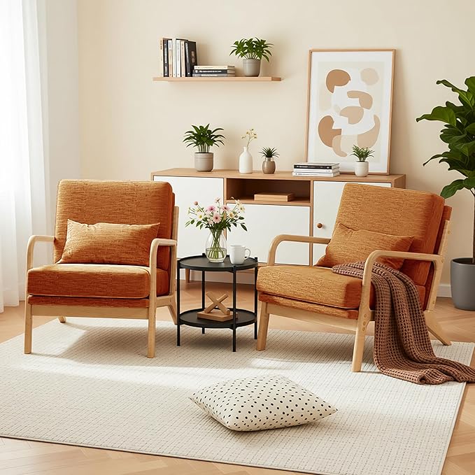 Claiks Mid-Century Modern Accent Chair, Living Room Armchair with Solid Wood Frame & Lumbar Pillow, Comfy Upholstered Lounge Chair for Bedroom, Office, Linen-Like Fabric, Orange