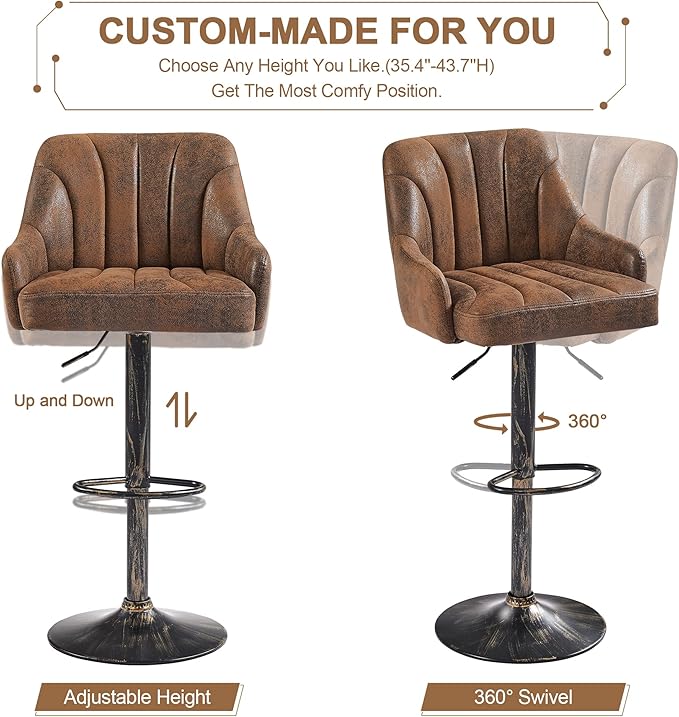 VECELO Bar Stools Set of 4, Adjustable Barstools, Counter Height Stools with Back and Arm, Kitchen Island Stools, Swivel PU Chairs for Pub, Dining Room, Industrial Style, Dark Brown