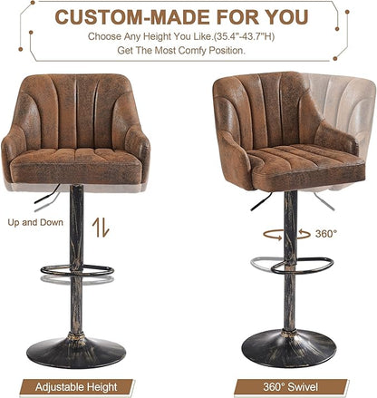 VECELO Bar Stools Set of 2, Adjustable Bar Stools Counter Height Barstools with Back and Arm, Swivel Bar Chair Stools for Kitchen Counter Island Cafe Dining Room, Industrial Style, Dark Brown