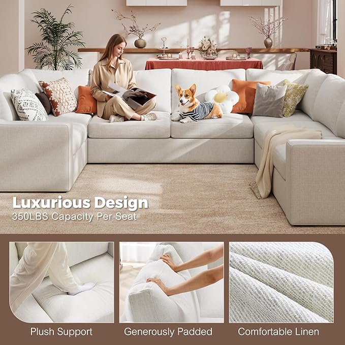 ABCASA U Shaped Sectional Sofa with Detachable Cover, Modular Couch for Living Room, Breathable Linen Fabric Corner Couch with 9 Seats, Ivory