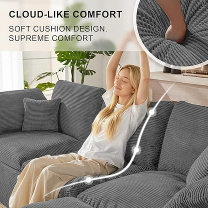 112" Cloud Sectional Couch, Boneless Couches for Living Room, L Shaped Couch with Convertible Ottoman, Modular Sectional Sofa with Deep Seat, Comfy Soft Cushions, No Assembly, Gray