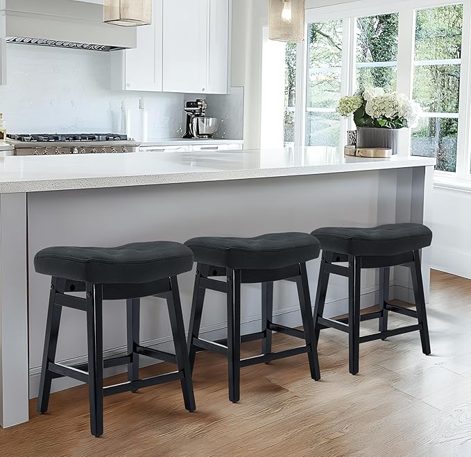 Counter Height Black Bar Stools Set of 6 for Kitchen Counter Farmhouse Modern Barstools with Faux Leather Upholstered Backless Seat and Solid Wood Legs 24 inch Bar Chairs