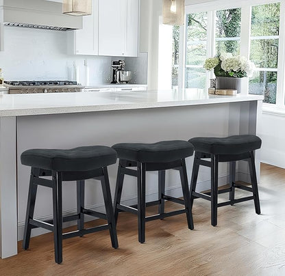 Counter Height Black Bar Stools Set of 6 for Kitchen Counter Farmhouse Modern Barstools with Faux Leather Upholstered Backless Seat and Solid Wood Legs 24 inch Bar Chairs