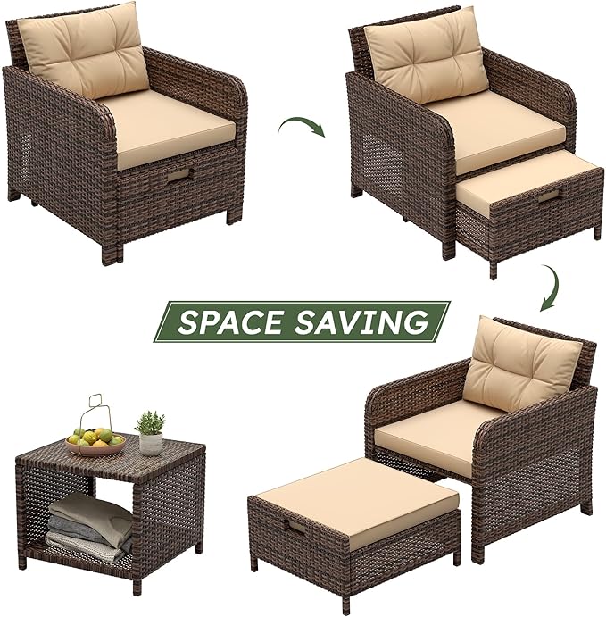 5 Pieces Patio Furniture Set, Hand-Woven Rattan Patio Conversation Set with Soft Cushions & Coffee Table, Outdoor Chairs with Hidden Ottoman for Porch, Lawn, Garden, Balcony, Brown
