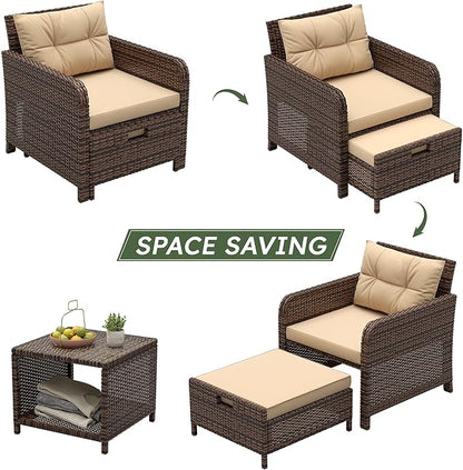 5 Pieces Patio Furniture Set, Hand-Woven Rattan Patio Conversation Set with Soft Cushions & Coffee Table, Outdoor Chairs with Hidden Ottoman for Porch, Lawn, Garden, Balcony, Brown