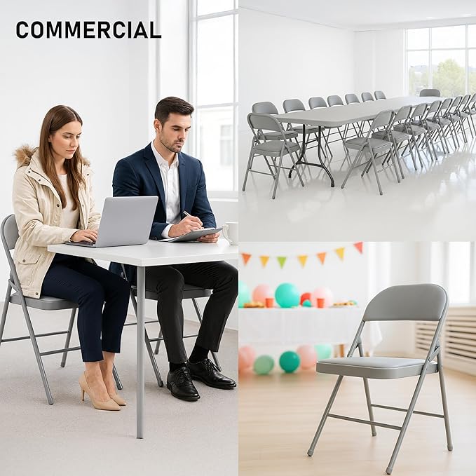 SEALAMB 10 Pack Grey Folding Chairs with Padded Seats & Cushion, Durable Metal Foldable Chairs for Wedding Party, Commercial Chairs for Office School Church Events, 330lb Capacity (Grey-PU, 10 Pack)