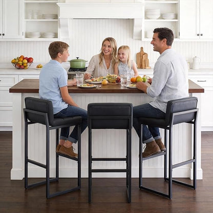 Bar Stools Set of 3, PU Leather Bar Height Barstools, 30" High Top Bar Stools with Back and Thickened Metal Legs, Upholstered Island Chairs for Kitchen Island (Black, 3Pcs 30" Bar Stools)