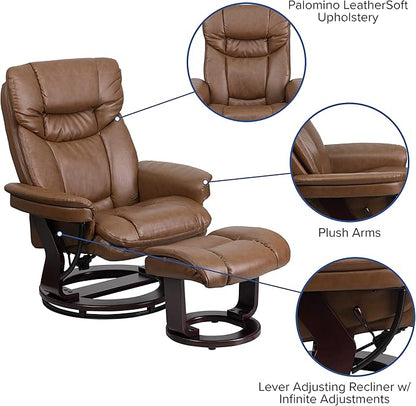 Flash Furniture Allie LeatherSoft Upholstered Recliner with Footrest, Arms, and Headrest, Padded Swivel Recliner Chair and Ottoman Set, Palimino