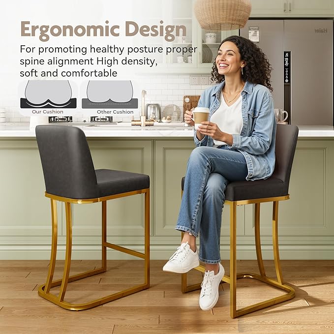 MAISON ARTS Counter Height Bar Stools with Back Set of 6 for Kitchen Counter, 24 Inch Modern Upholstered Faux Leather Barstools Farmhouse Bar Chairs Luxury Island Stools Support 330LBS, Grey & Gold