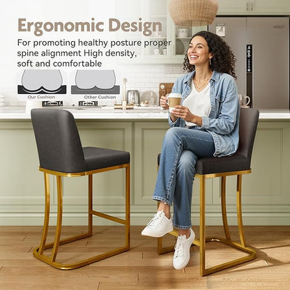 MAISON ARTS Counter Height Bar Stools with Back Set of 6 for Kitchen Counter, 24 Inch Modern Upholstered Faux Leather Barstools Farmhouse Bar Chairs Luxury Island Stools Support 330LBS, Grey & Gold