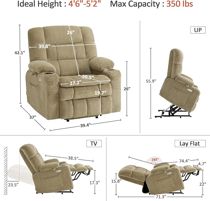 MCombo Dual Motor Power Lift Recliner Chair for Elderly, Lay Flat Lift Chair with Heat and Massage, Petite Wide Lift Chair, Cup Holders, USB A&C Ports, Fabric R7894 (Small-Wide, Beige)