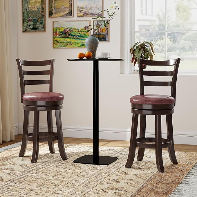 COSTWAY 26" Counter Height Stools Set of 2, Swivel High-Top Chairs with Backrest & Faux Leather Padded Seat, Rubber Wood Counter Barstools with Footrest for Kitchen, Dining Room, Pub (2,26'')
