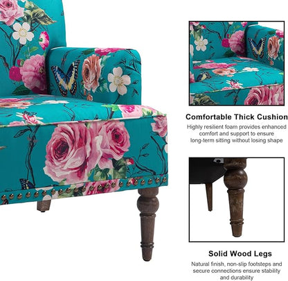 Accent Chair, Mid Century Modern Comfy Armchair for Living Room, Linen Fabric Single Sofa Lounge for Reading Bedroom Apartment Waiting Room with Wood Legs (Floral, Set of 2)