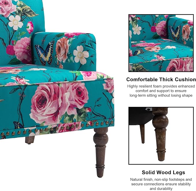 Accent Chair, Mid Century Modern Comfy Armchair for Living Room, Linen Fabric Single Sofa Lounge for Reading Bedroom Apartment Waiting Room with Wood Legs (Floral, Set of 1)