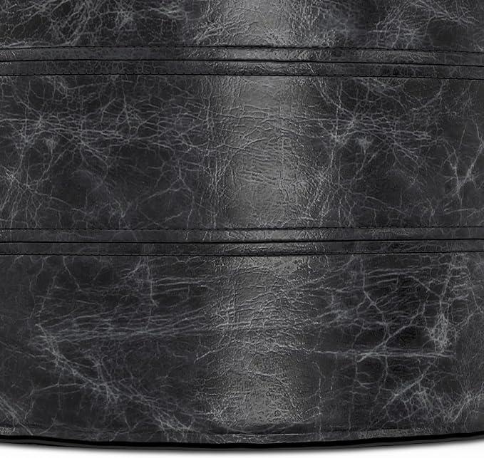 SIMPLIHOME Connor Boho Round Pouf in Distressed Black Genuine Leather for the Living Room, Bedroom and Kids Room