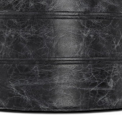 SIMPLIHOME Connor Boho Round Pouf in Distressed Black Genuine Leather for the Living Room, Bedroom and Kids Room