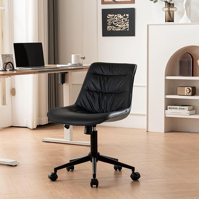 Rowill Leather Office Chair, Ergonomic Armless Desk Chair with Waterproof Cushion & Slient Wheels & SGS-Certified Class 3 Explosion-Proof Gas Lift, Ideal for Home Office, Study and Vanity(Black)