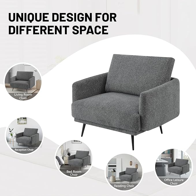 Oversized Accent Chair for Living Room Chairs Reading Arm Chair Comfy Modern Single Sofa Side Chairs with Metal Legs & Soft Cushion for Bedroom, Waiting Room (Chenille Dark Grey, Set of 1)
