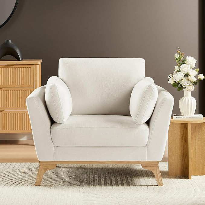 VANOMi Large-Sized Accent Chair, Thick Cushion Bedroom Reading Chair, Comfortable Living Room Single Sofa, Chenille White