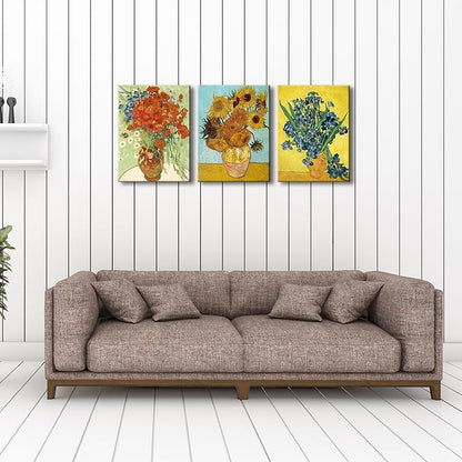 Wieco Art 3 Panels Canvas Prints of Vincent Van Gogh Paintings Reproduction Red Poppies and Daisies Sunflower Irises in Vase Canvas Wall Art for Living Room Home Office Decor