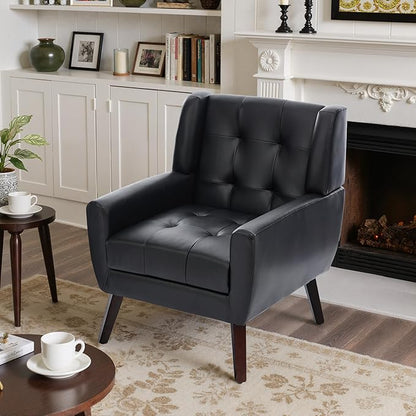 Faux Leather Accent Chair, Mid-Century Modern Upholstered Armchair, Comfy Living Room Chairs Reading Chairs with Button Tufted Back & Solid Wood Legs for Bedroom, Office, Black