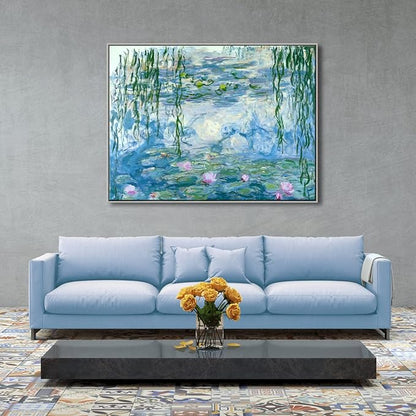 Wieco Art Large Silver Framed Canvas Print Water Lilies by Claude Monet Paintings Reproduction Modern Abstract Canvas Wall Art for Home and Office Decoration Artwork