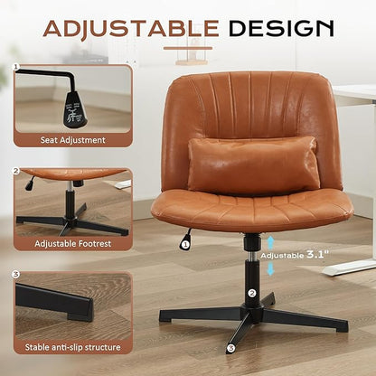 URRED Criss Cross Office Chair, Armless Cross-Legged Desk Chair with Fixed Legs, Height Adjustable Wide Seat Task Vanity Chair for Home Office or Bedroom (Brown)
