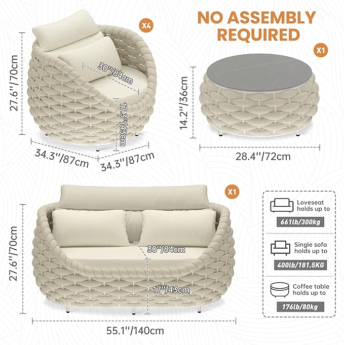 Sunroom Furniture Sets: 6 Pieces Aluminum Woven Rope Patio Conversation Sofa Set Cushioned - Modern Outdoor Couch Set No Assembly - Armchair Set Porch Deck Garden Poolside Gazebo Hotel - Beige