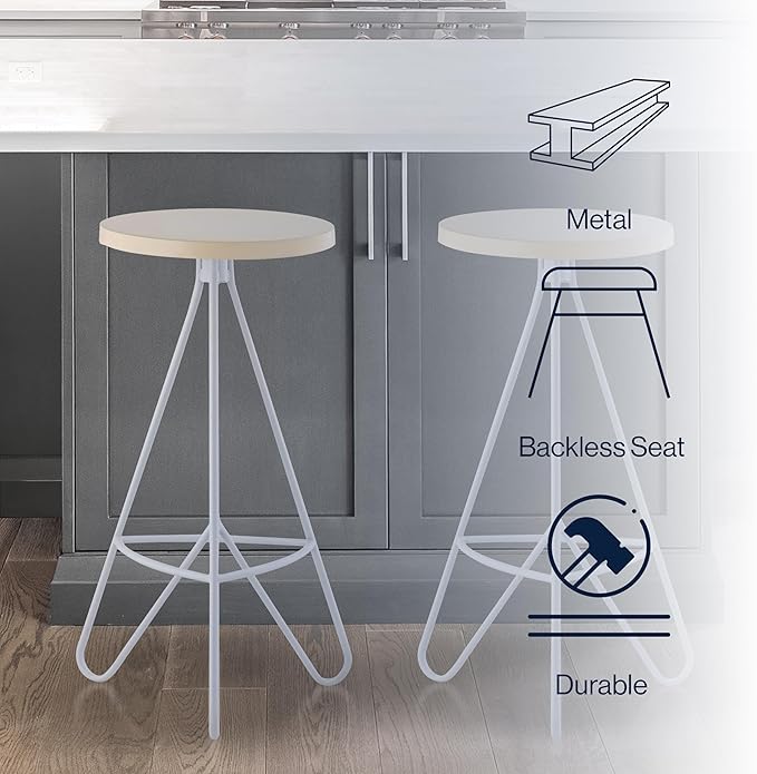 JONATHAN Y BSL1002D Trinity 30" Modern Industiral Iron Tripod Backless Bar Stool for Home, Kitchen, Dining Room, Workspaces, Cafes and Resturants, Almond Seat with White Frame