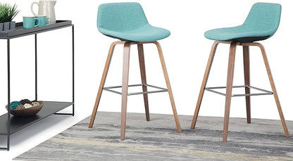 SIMPLIHOME Randolph Counter Stools (Set of 2) - 28 Inch Seat Height Upholstered Bentwood Kitchen Seats in Aqua Blue Linen Look Fabric, Mid Century Modern Seating with Curved Backrest and Footrest