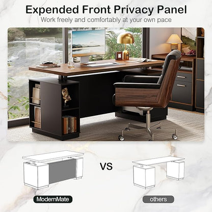 71" Standing Executive Desk with Privacy Panel, Large One-Piece Electric Height Adjustable Stand Up Desk with Charging Station, File Cabinet Storage, Home and Office, Black Walnut