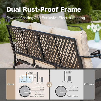 6 Piece Metal Outdoor Patio Furniture Set, Patio Conversation Set with 3-Seater Couch, 2 Fixed Sofa, 2 Swivel Sofa (5.75" Thick Cushion) & Coffee Table Black Backyard Furniture, Beige