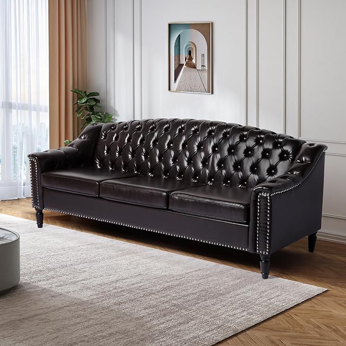 LEVNARY Mid-Century Modern Leather Couch, 80" Large Upholstered Sofa with High Back, Chesterfield Sofa Sleeper Settee with Solid Wood Legs, Tufted 3 Seater Wide Couches for Living Room Office (Brown)