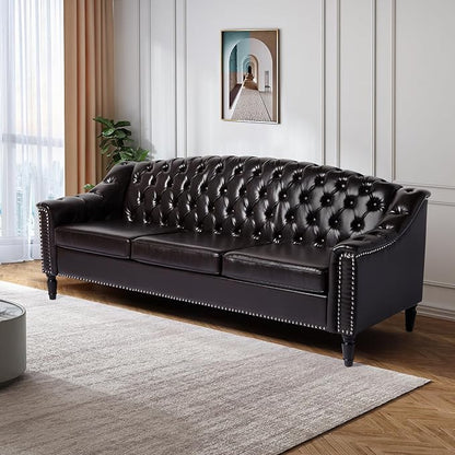 LEVNARY Mid-Century Modern Leather Couch, 80" Large Upholstered Sofa with High Back, Chesterfield Sofa Sleeper Settee with Solid Wood Legs, Tufted 3 Seater Wide Couches for Living Room Office (Brown)
