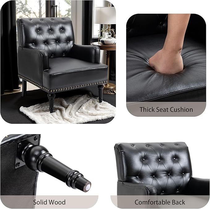 MOJAY Faux Leather Accent Chair Set of 2, Mid-Century Modern Living Room Chair Lounge Study Sofa Chair with Sturdy Wood Legs, Club Chair Armchair for Bedroom Home Study Reception (Black)