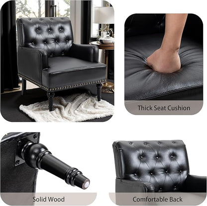 MOJAY Faux Leather Accent Chair Set of 2, Mid-Century Modern Living Room Chair Lounge Study Sofa Chair with Sturdy Wood Legs, Club Chair Armchair for Bedroom Home Study Reception (Black)