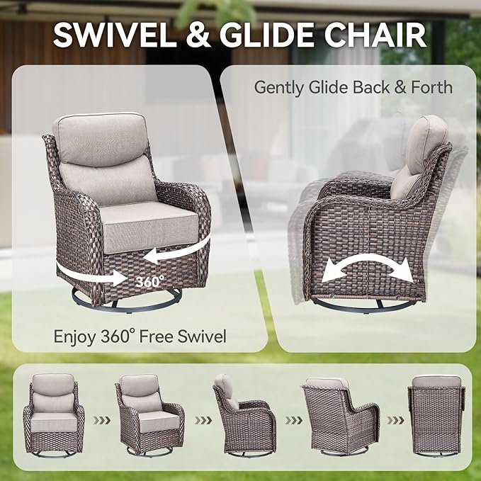 HUMMUH Outdoor Patio Wicker Swivel Rocker Chairs Set of 2 with 6-Inch Thick Cushion High Back Wicker Conversation Set for Porch Balcony Deck