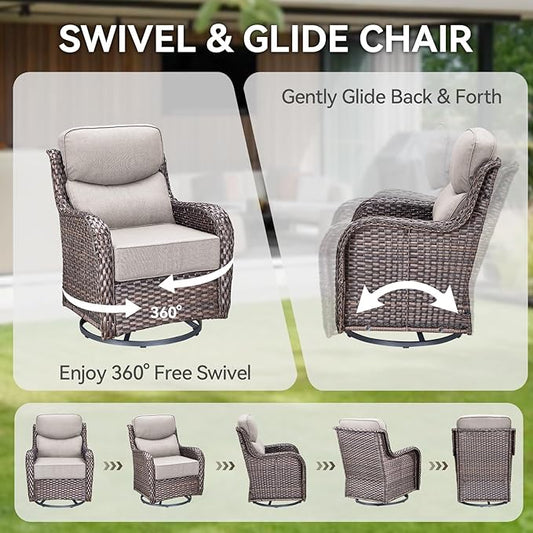 HUMMUH Outdoor Patio Wicker Swivel Rocker Chairs Set of 2 with 6-Inch Thick Cushion High Back Wicker Conversation Set for Porch Balcony Deck